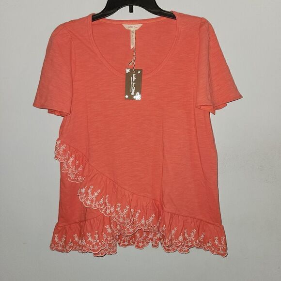 Matilda Jane M Coral Pink Top Tee Eureka Springs Embroidered Eyelet HI Low - Picture 1 of 7